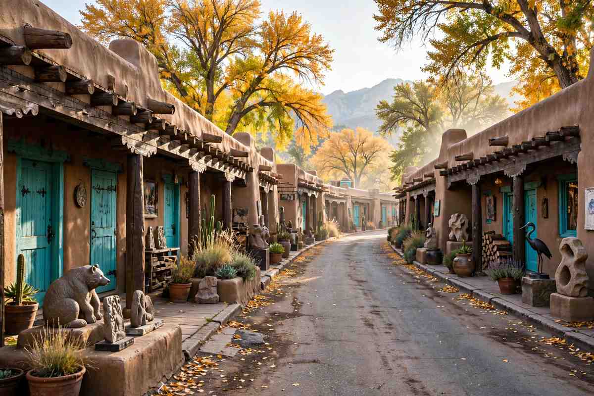 Adobe galleries on Canyon Road under golden autumn cottonwoods in Santa Fe